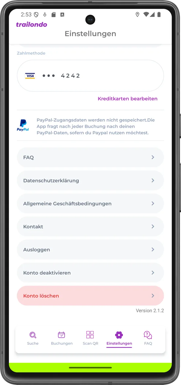 Screenshot der Trailondo-App: Einstellungen mit dem Eintrag „Konto löschen“