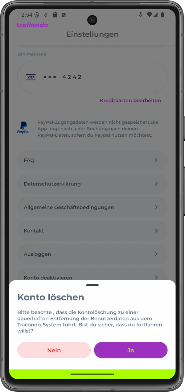 Screenshot der Trailondo-App: Dialog „Konto löschen“ mit den Optionen Nein und Ja